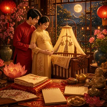 Hai người trong không gian trang trí đỏ vàng bên chiếc nôi