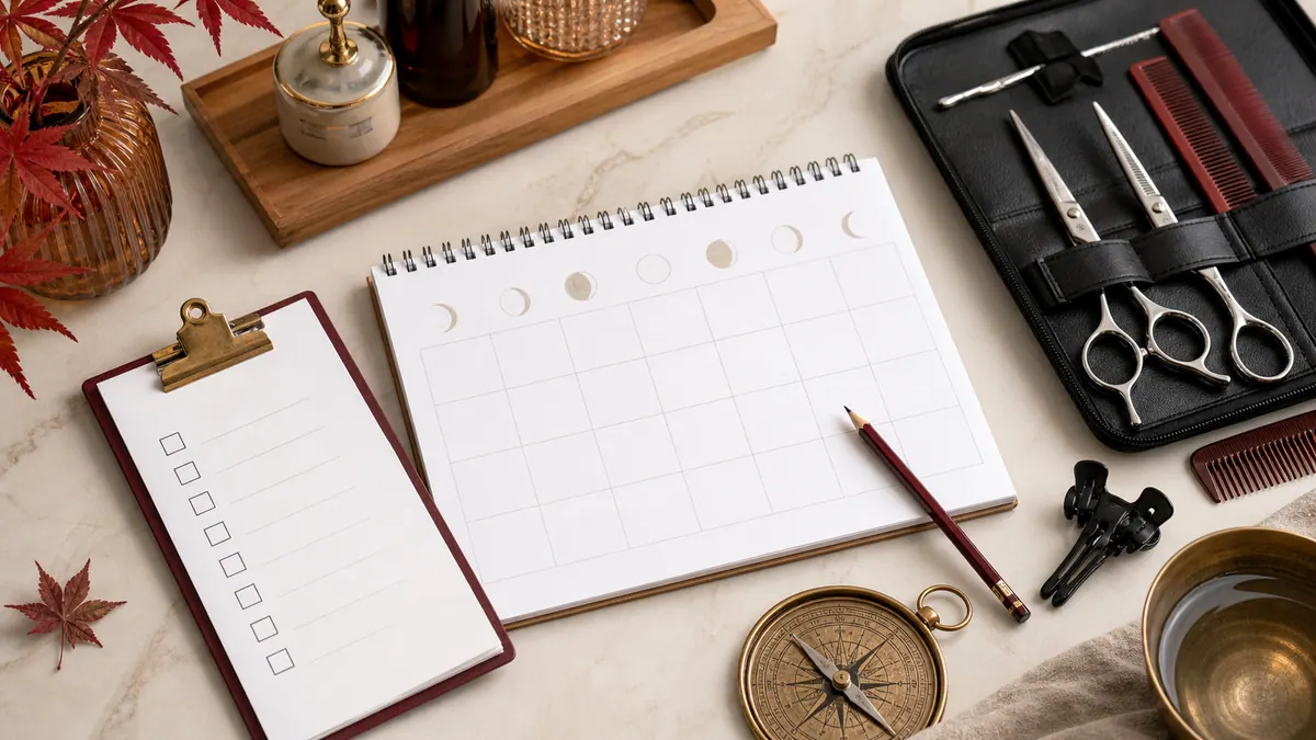 Sổ checklist, lịch trống và bộ kéo lược làm tóc nhìn từ trên xuống