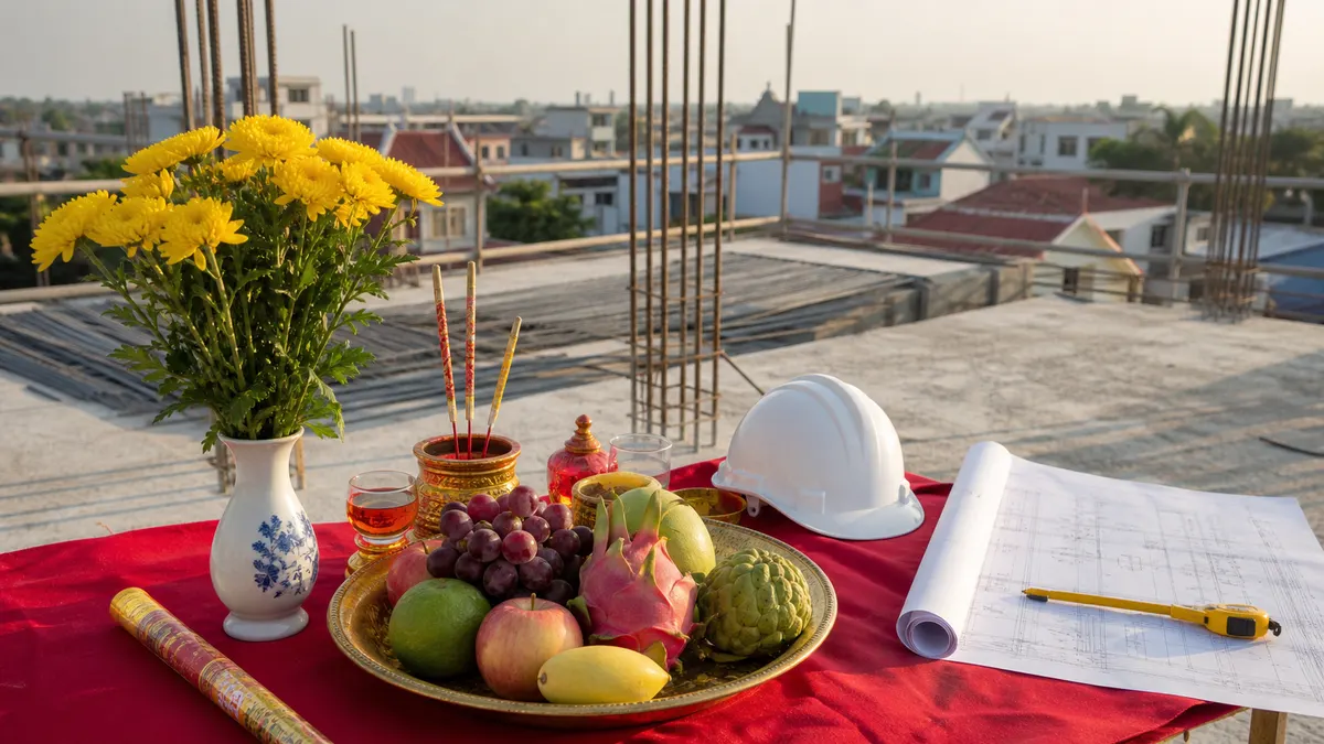 Mâm lễ cúng cất nóc gồm hoa tươi ngũ quả trầu cau xôi chè đặt trang nghiêm trên sàn bê tông mái vừa hoàn thành