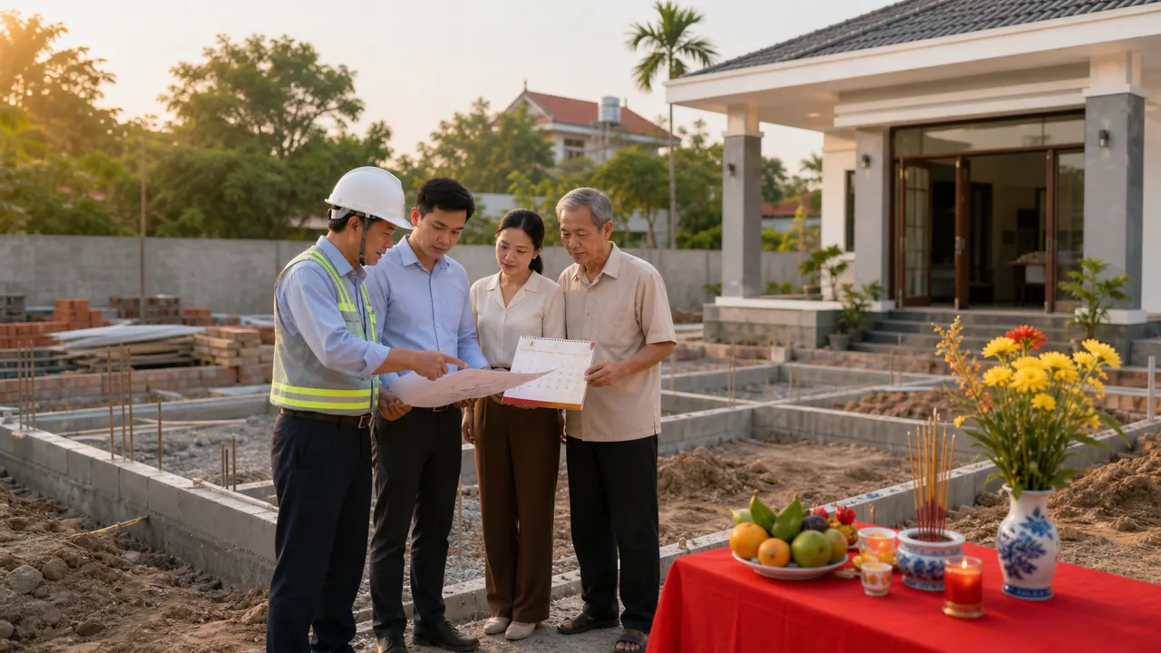 Gia đình và kỹ sư chọn ngày động thổ trước khi khởi công xây nhà