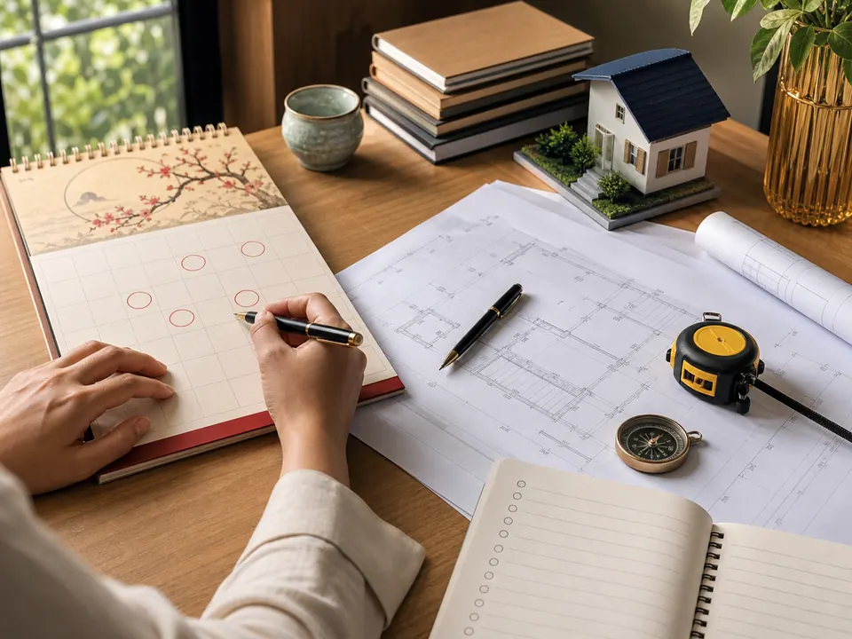Lịch âm dương bản vẽ nhà và la bàn dùng để lập kế hoạch động thổ