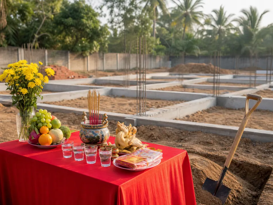 Mâm lễ động thổ và xẻng đặt cạnh khu móng nhà đã chuẩn bị