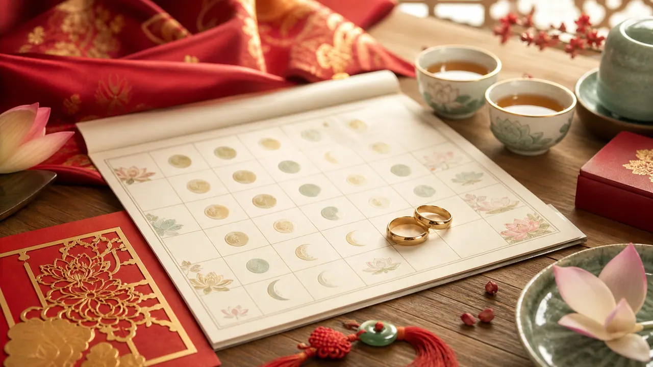Cuốn lịch bàn mở trang trọng bên cạnh đôi nhẫn cưới và hoa tươi trên nền lụa đỏ, thể hiện sự chuẩn bị thấu đáo cho kế hoạch hôn nhân
