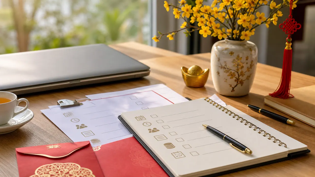 Checklist chuẩn bị khai xuân đầu năm với sổ kế hoạch, lịch và hoa mai vàng