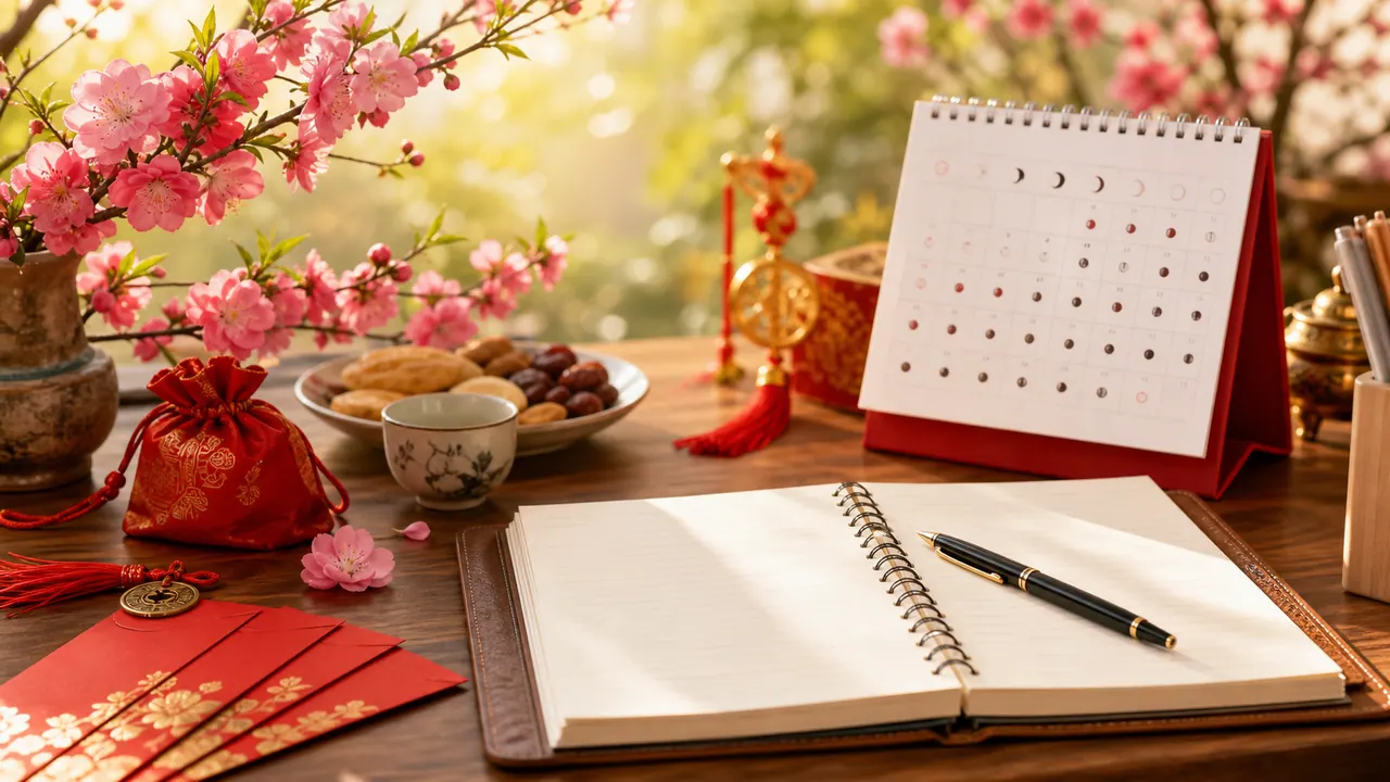 Bàn khai xuân đầu năm với lịch âm, sổ mở bút, hoa đào và phong bao đỏ