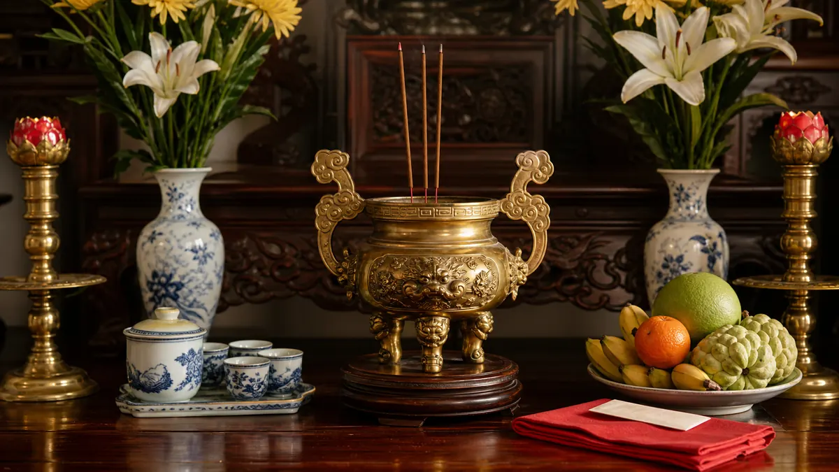 Bát hương đồng được an vị trên bàn thờ cùng hoa tươi chén nước và mâm ngũ quả trang nghiêm