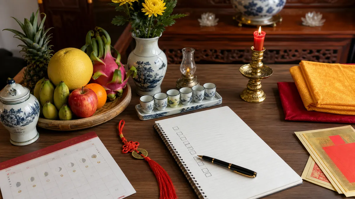 Bộ lễ vật hoa quả quả tươi chén nước sạch và đồ thờ chuẩn bị trước ngày an vị bát hương