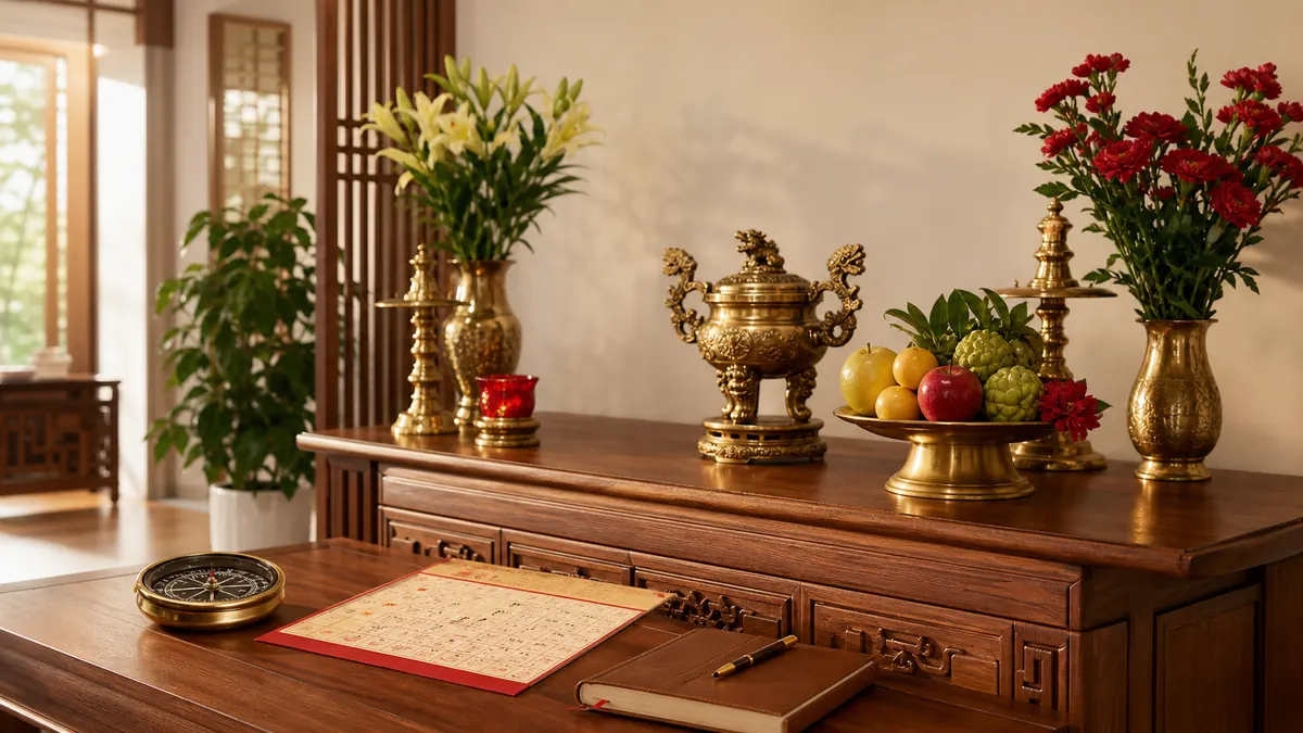 Bàn thờ gia tiên chuẩn bị lập mới với lịch âm la bàn hoa quả và bát hương đồng