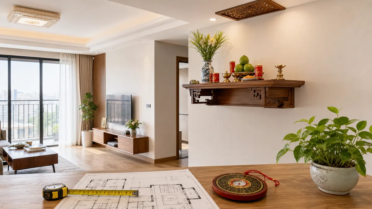 Không gian phòng thờ trang nghiêm sáng thoáng có bàn thờ gỗ treo tường cùng la bàn và sơ đồ mặt bằng