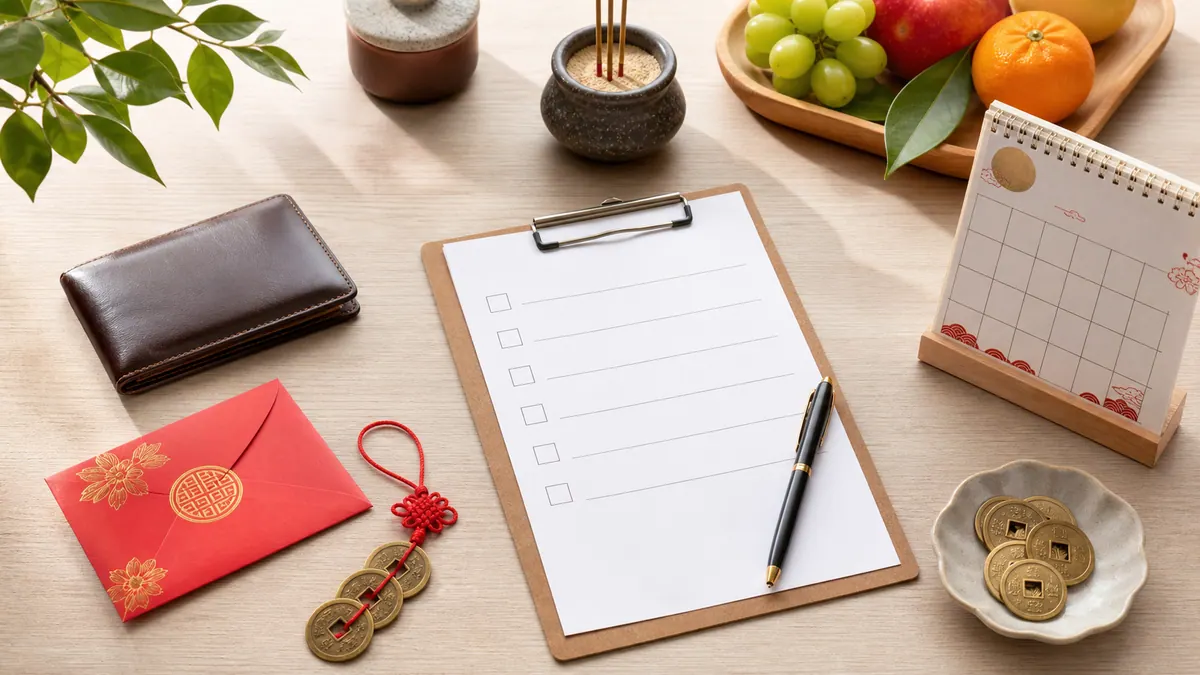 Checklist chọn ngày mở hàng với lịch bút ví trái cây và vật phẩm chuẩn bị trên bàn