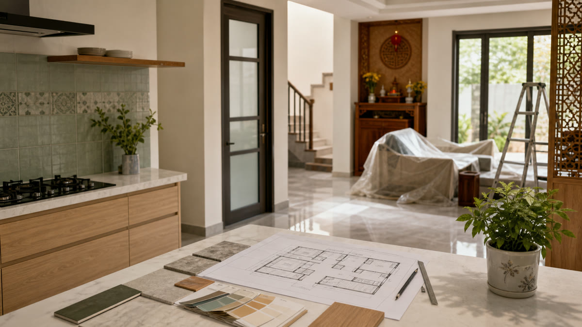 Bản vẽ bố trí không gian bếp nấu và khu vực phòng thờ gia đình hợp phong thủy