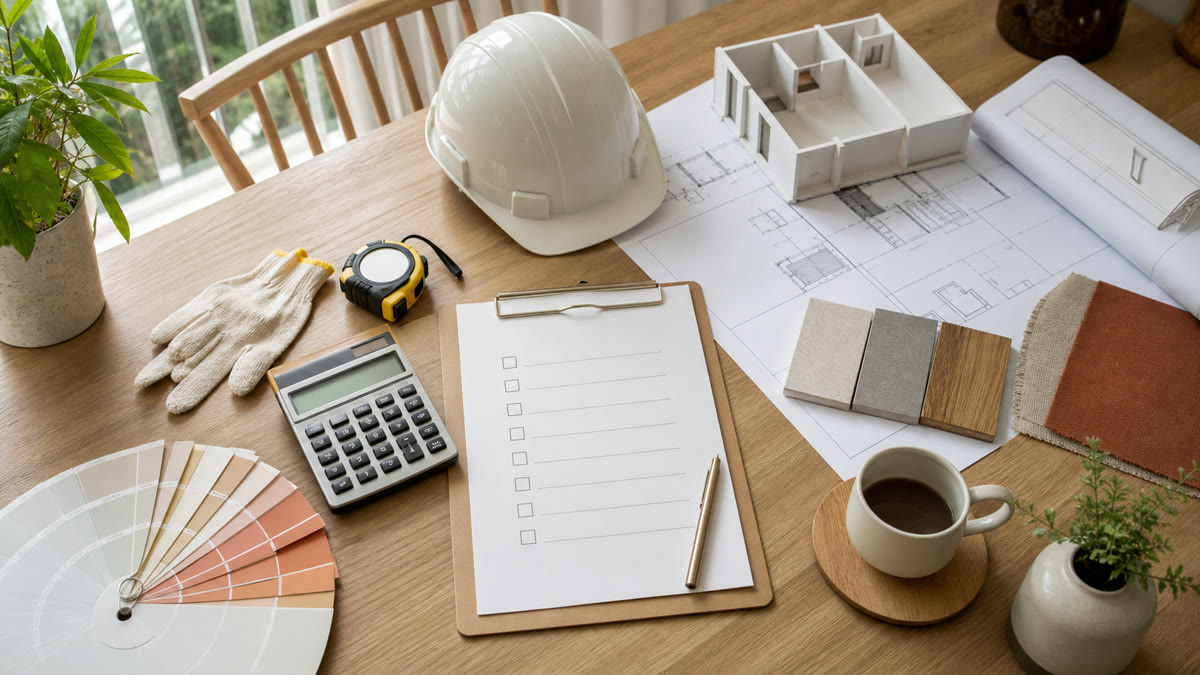 Bảng danh mục kiểm tra vật liệu thi công, mũ bảo hộ lao động và sơ đồ nâng cấp không gian sống