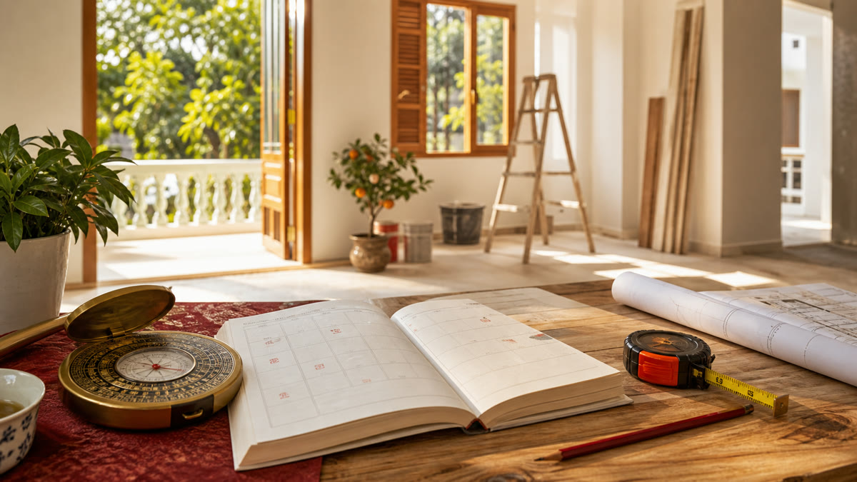 Bản vẽ thiết kế cải tạo, la bàn phong thủy và thước đo chuẩn bị cho công trình sửa nhà