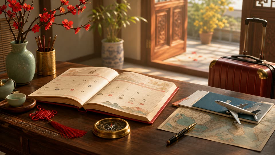 Bàn làm việc với lịch âm dương, la bàn phong thủy, hộ chiếu và hành lý chuẩn bị xuất hành đi xa