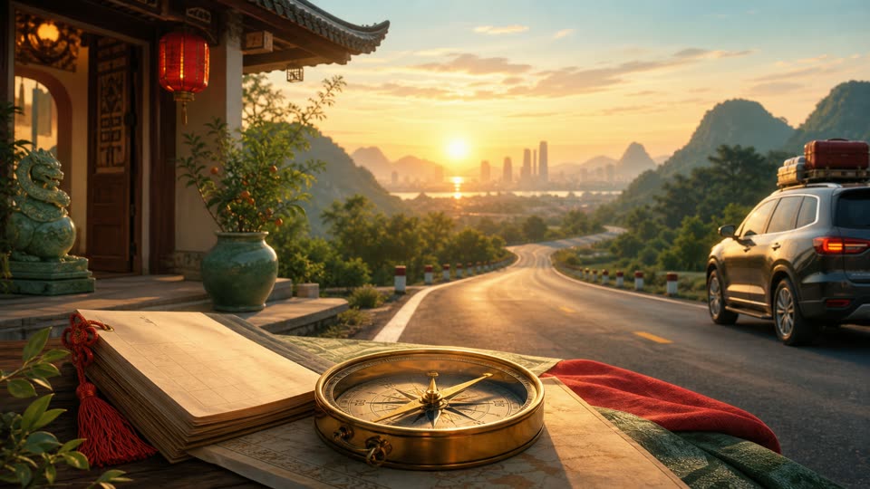 La bàn truyền thống chỉ hướng xuất hành Hỷ Thần và Tài Thần thuận lợi cho hành trình