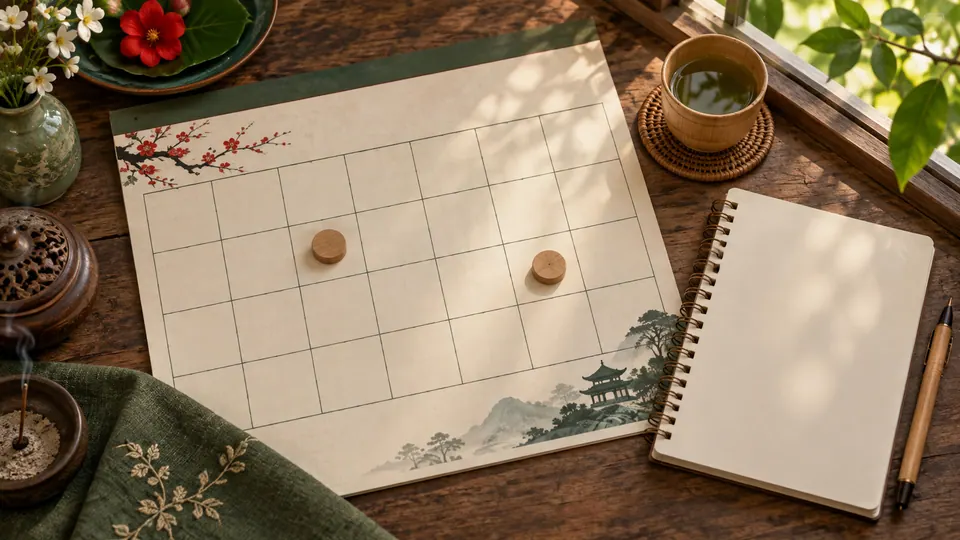 Hai miếng gỗ đánh dấu các ô lịch trống cạnh sổ tay và chén trà