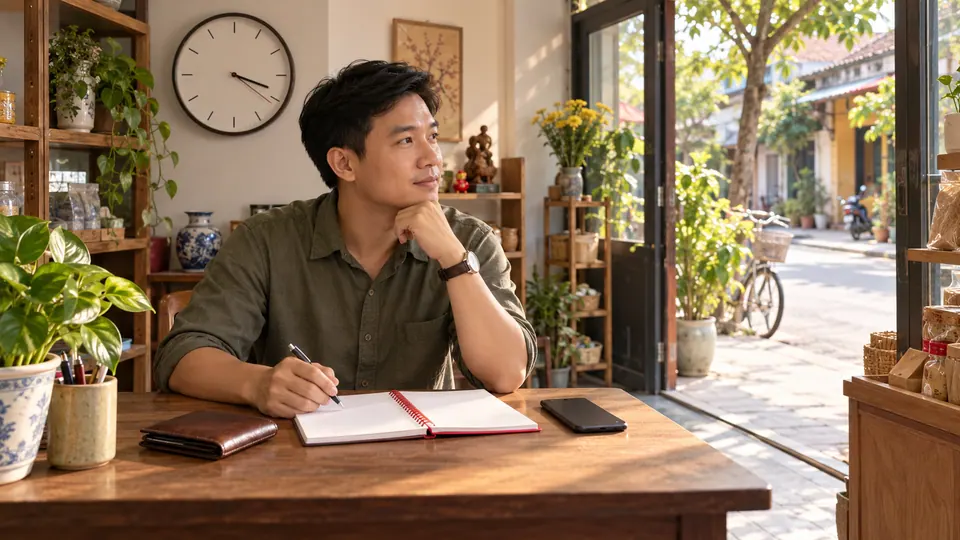 Người đàn ông cầm bút bên sổ mở, ví và điện thoại, phía sau có đồng hồ và cửa hàng nhìn ra phố