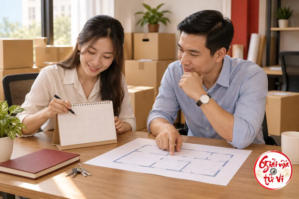 Hai đồng nghiệp đối chiếu lịch bàn và bản phác mặt bằng cạnh chìa khóa văn phòng