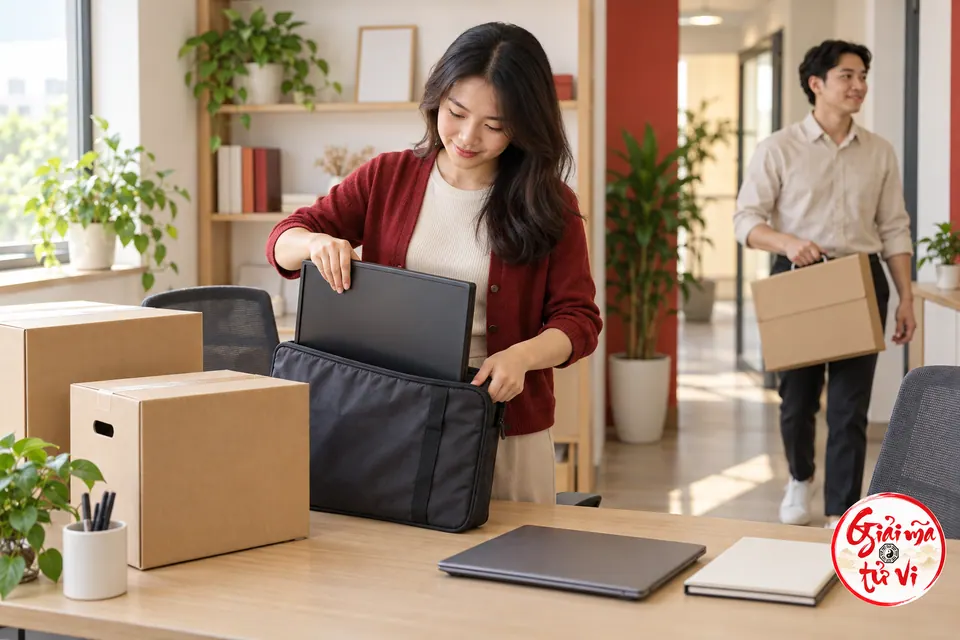 Người phụ nữ đặt màn hình vào túi bảo vệ cạnh các thùng chuyển văn phòng