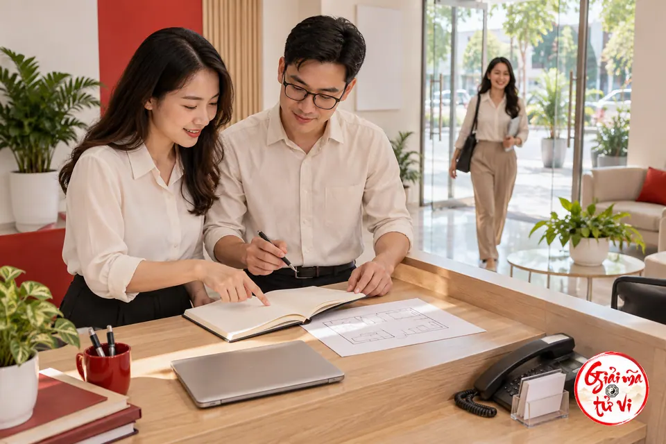 Hai đồng nghiệp xem sổ và bản phác mặt bằng tại quầy tiếp nhận văn phòng