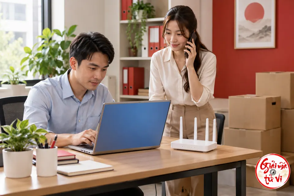Đồng nghiệp kiểm máy tính và bộ mạng trong văn phòng đang chuyển đồ