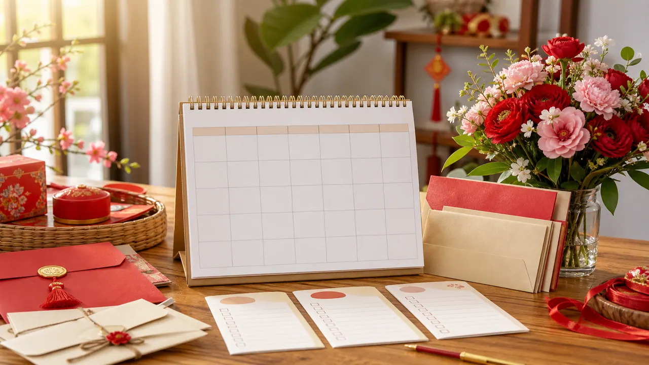 Lịch trắng, phong bì, checklist và hoa trên bàn chuẩn bị sự kiện