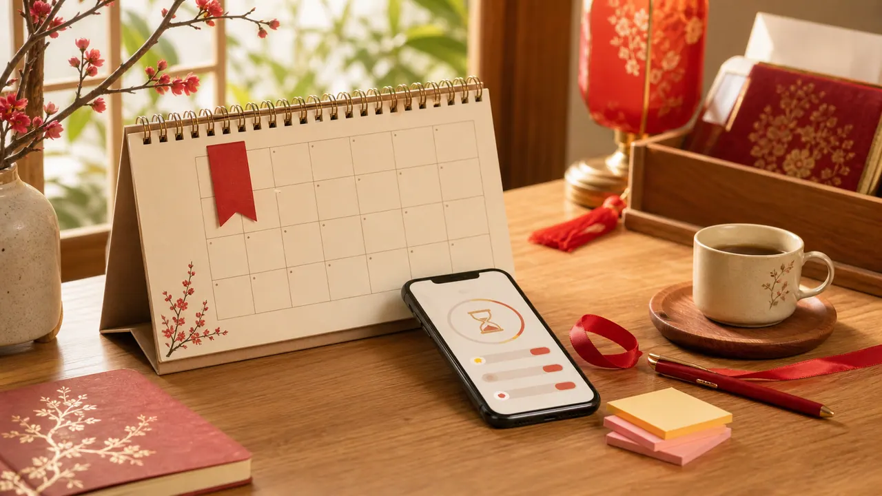 Bàn làm việc có lịch, điện thoại và dấu mốc đếm ngược sự kiện