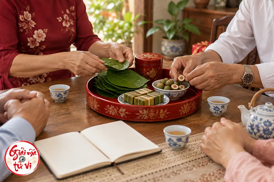 Hai gia đình cùng sắp trầu cau, hộp trà và bánh trên khay đỏ, logo ở góc dưới trái
