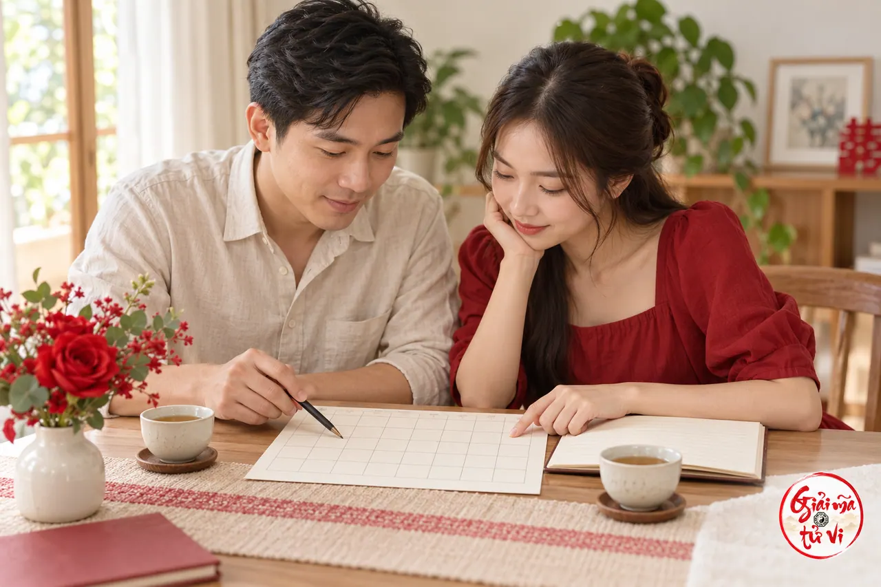 Cặp đôi đối chiếu ô lịch trống và sổ ghi tại bàn ăn, logo Giải Mã Tử Vi ở góc dưới phải