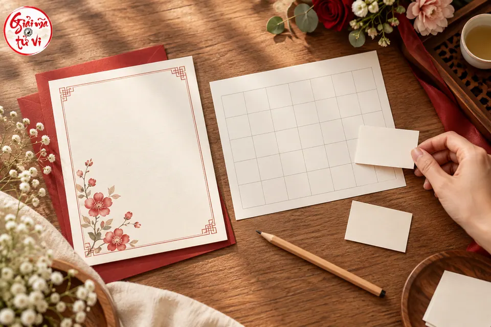 Bàn tay đặt giấy ghi chú cạnh lịch ô trống và mẫu thiệp chưa có chữ, logo ở góc trên trái