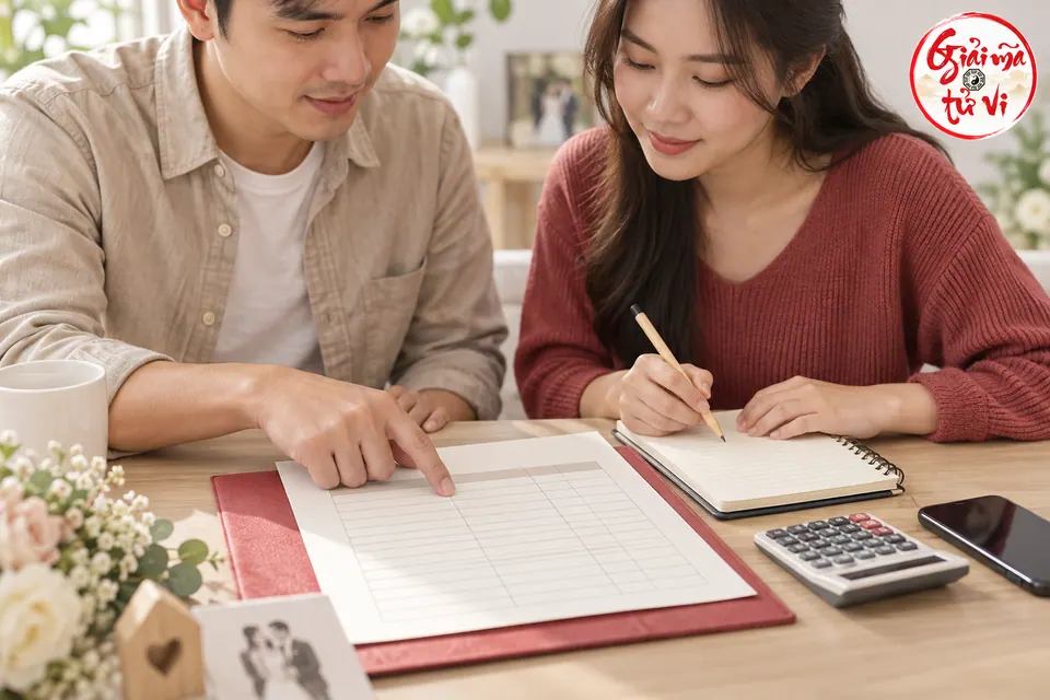 Cặp đôi kiểm tờ báo giá chưa có chữ với sổ, điện thoại và máy tính, logo ở góc trên phải