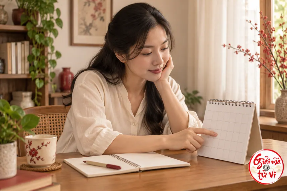 Người phụ nữ ngồi bên lịch và sổ mở trên bàn