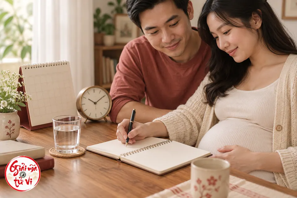 Hai người cùng ghi vào sổ bên lịch bàn và đồng hồ