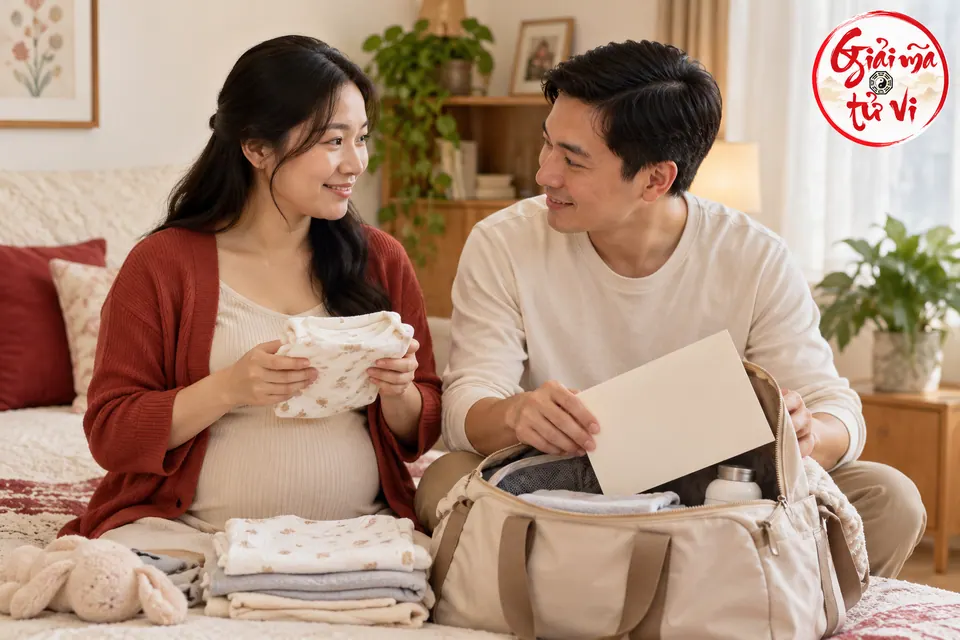 Hai người kiểm đồ vải và phong bì bên túi đồ gia đình