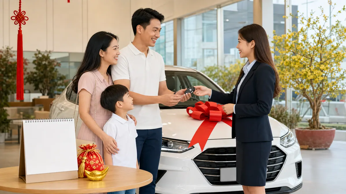 Gia đình đứng cạnh xe trắng có nơ đỏ, nhận chìa khóa từ nhân viên tại phòng trưng bày