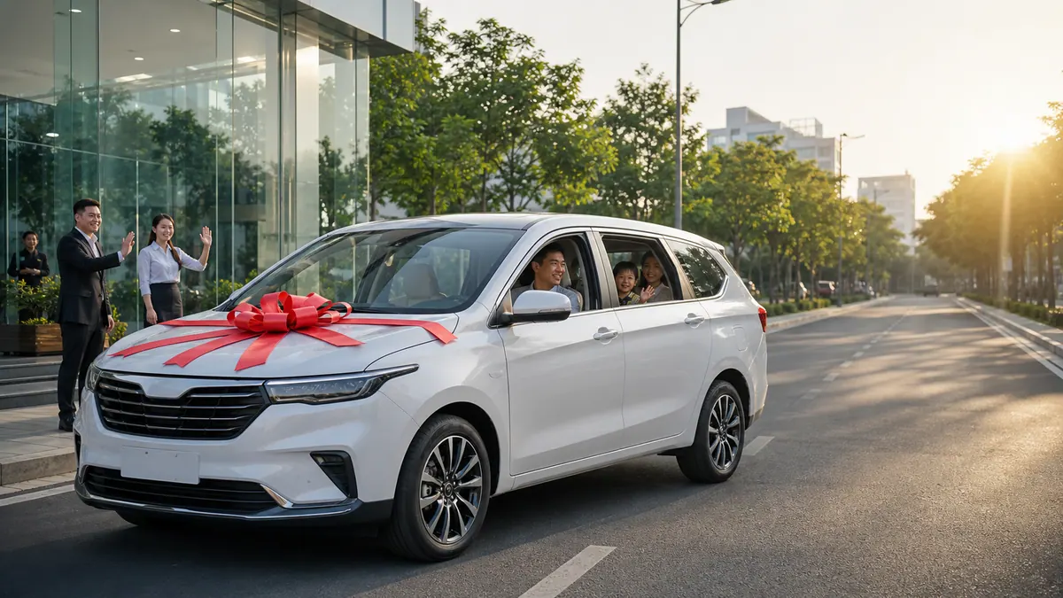 Xe trắng có nơ đỏ rời khu trưng bày, một người ngồi ở ghế lái