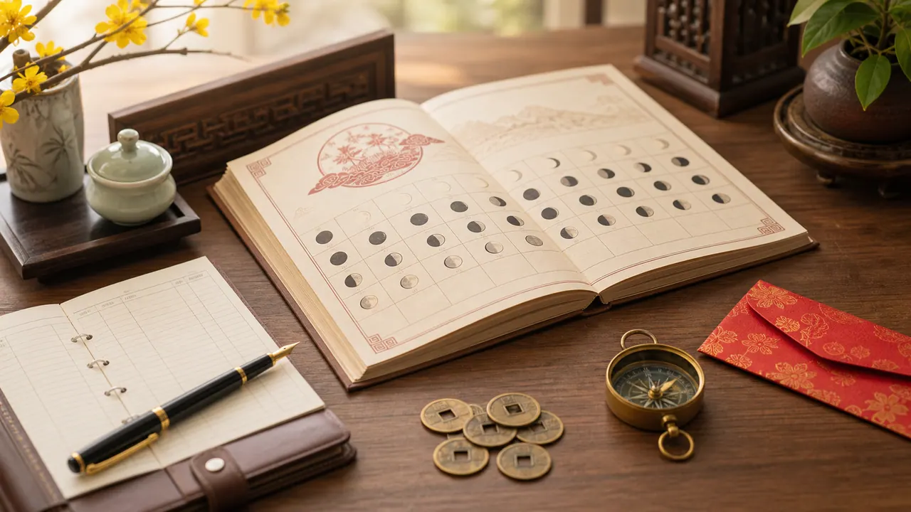 Sách mở có dãy hình mặt trăng, sổ tay, bút, la bàn và đồng xu trên bàn gỗ