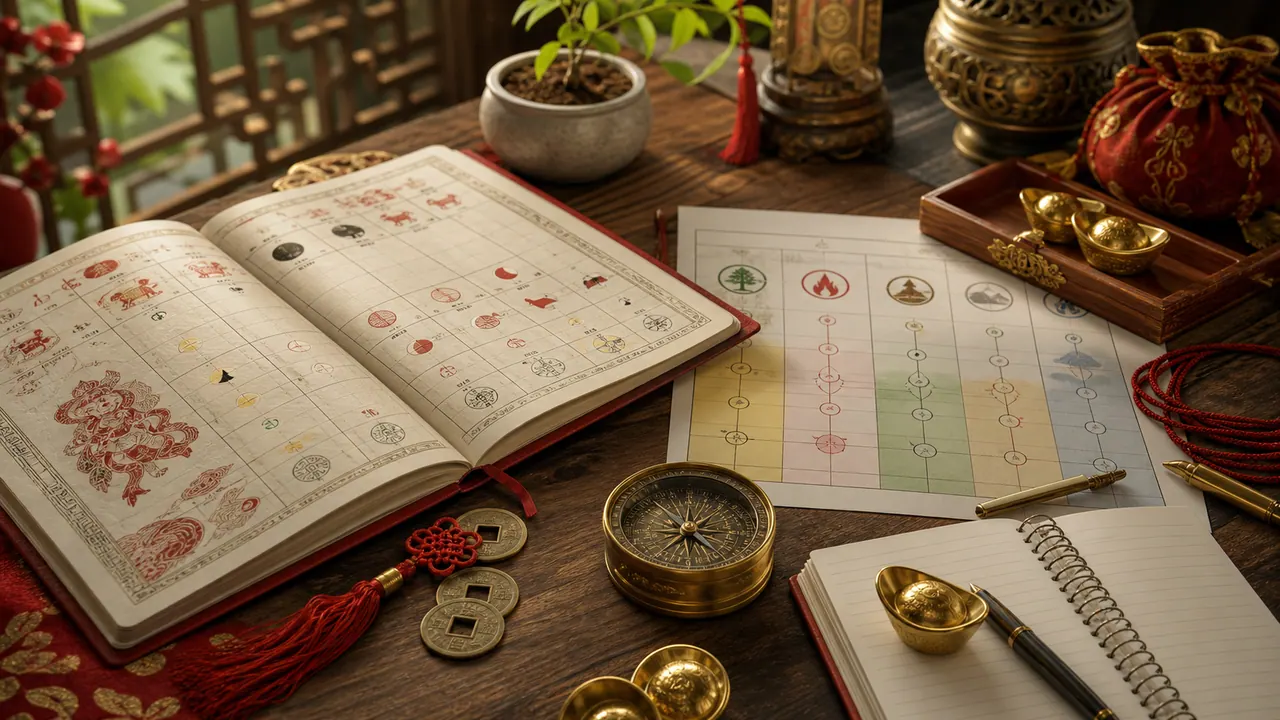 Sách lịch, la bàn và sổ tay cạnh đồng tiền cùng các đồ trang trí trên bàn