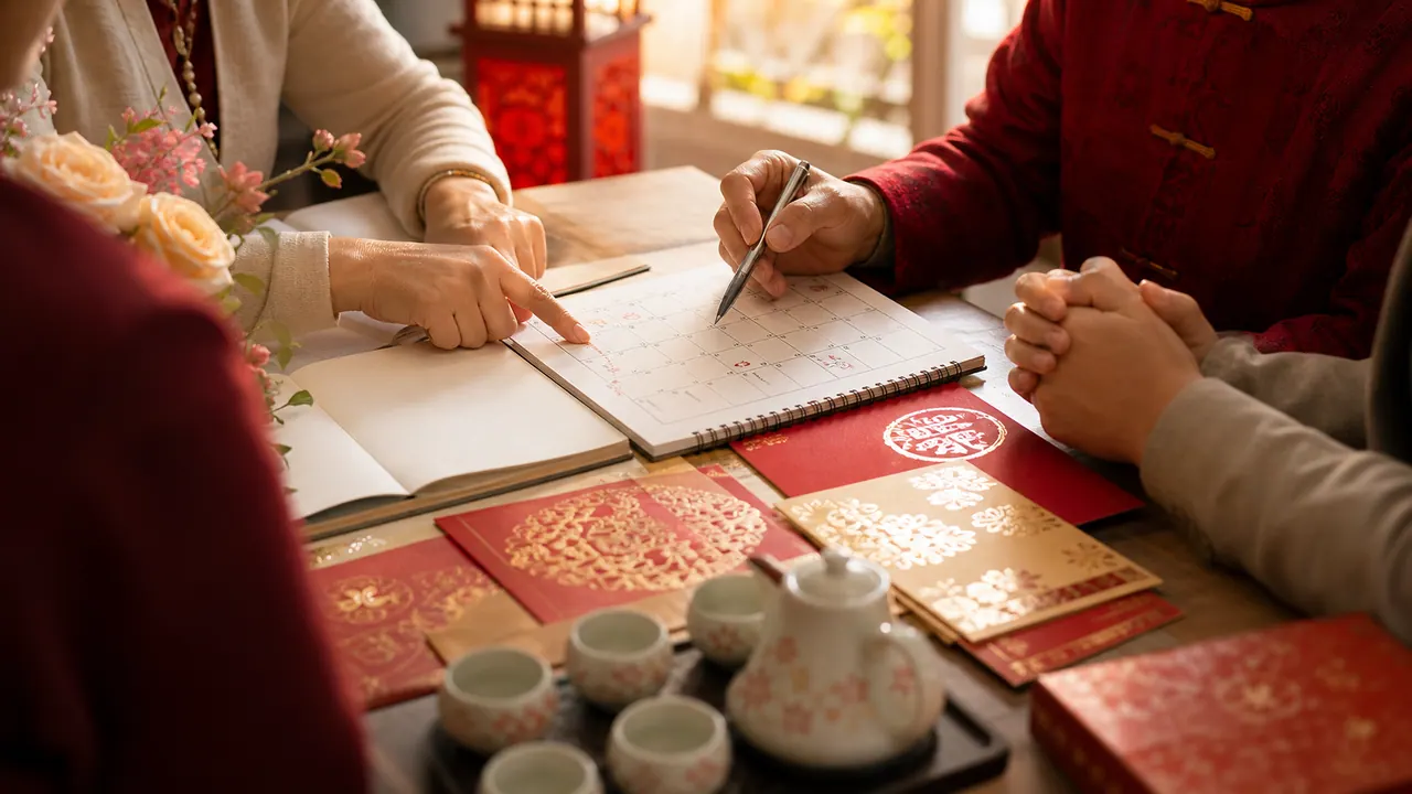 Những người quanh bàn chỉ vào lịch, cầm bút và cùng xem giấy tờ cưới hỏi