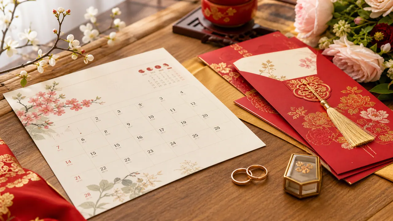 Tờ lịch trang trí, thiệp đỏ và đôi nhẫn trên bàn cạnh hoa