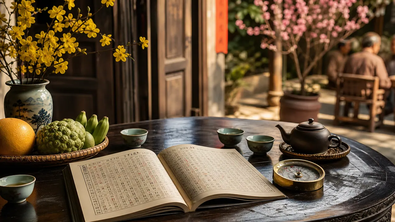 Sách mở, ấm trà, chén và la bàn trên bàn gỗ ngoài sân