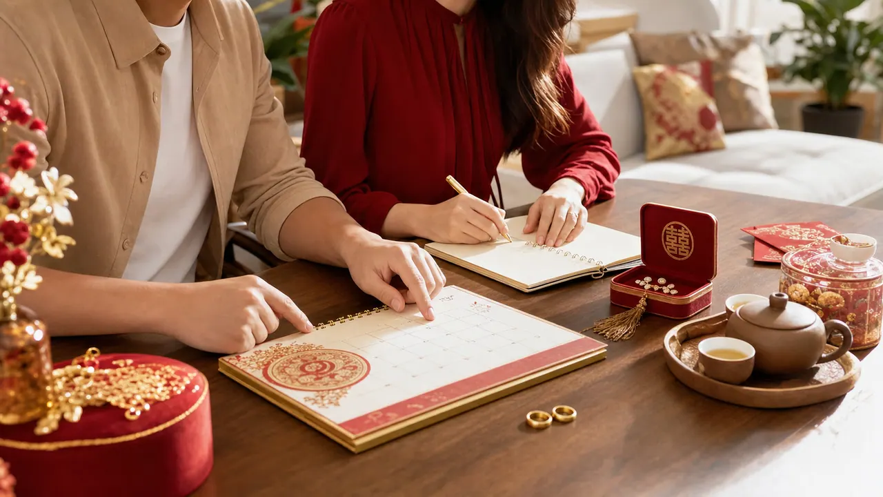 Hai người cùng ghi sổ bên tờ lịch, nhẫn, hộp lễ và ấm trà