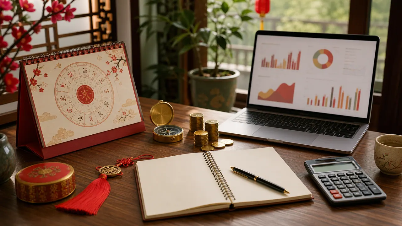Bàn lập kế hoạch đầu tư có lịch âm dương, la bàn, laptop biểu đồ và sổ ghi chú