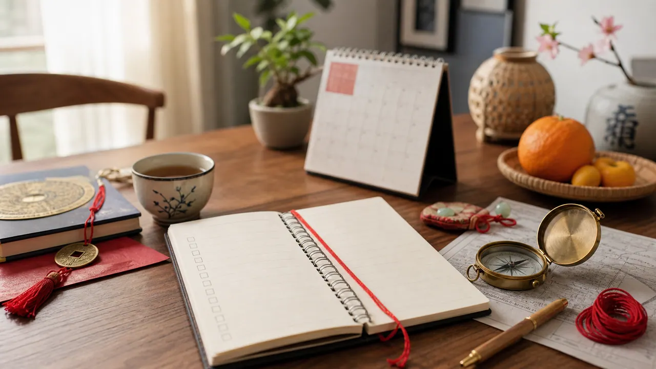 Bàn làm việc với sổ tay ghi chép checklist kiểm tra phong thủy nhà ở và lịch trình dọn dẹp khoa học