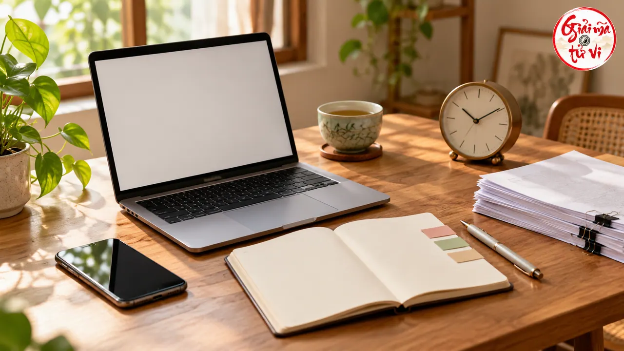 Laptop màn hình trống cạnh sổ mở, đồng hồ, điện thoại và xấp giấy trên bàn gỗ
