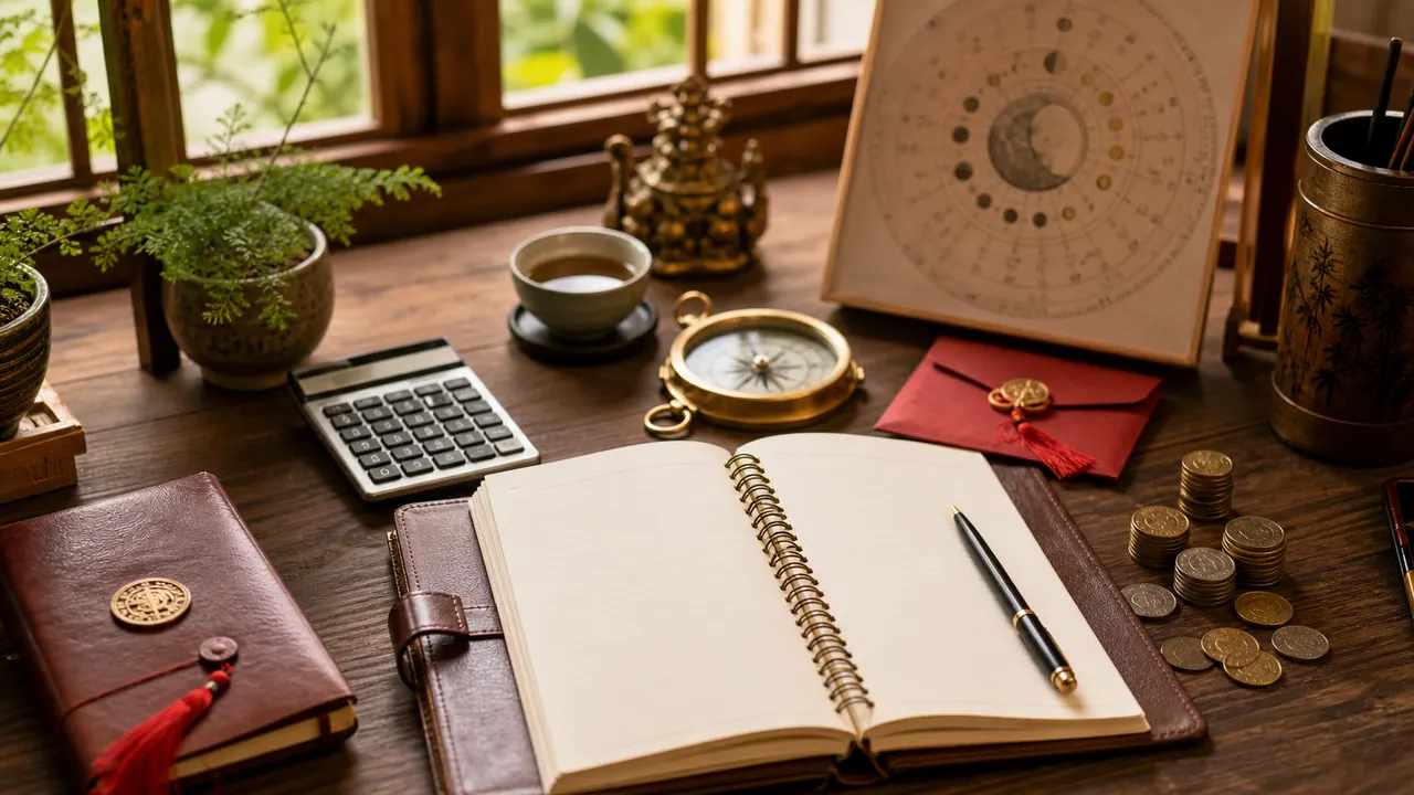 Không gian làm việc lập kế hoạch chi tiêu tài chính cá nhân với sổ tay ngân sách và lịch theo dõi dòng tiền