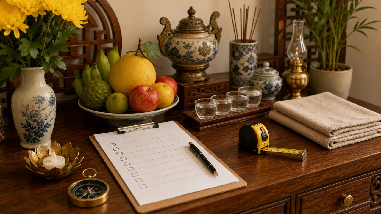 Checklist chọn hướng bàn thờ với hoa quả, nước sạch, khăn lau, la bàn và thước đo