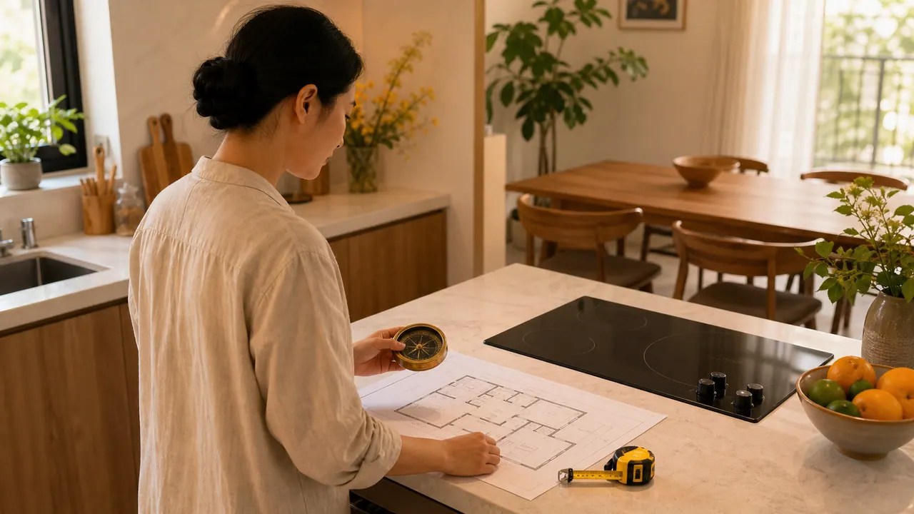 Gia chủ đối chiếu bản vẽ gian bếp với la bàn trước khi bố trí bếp nấu