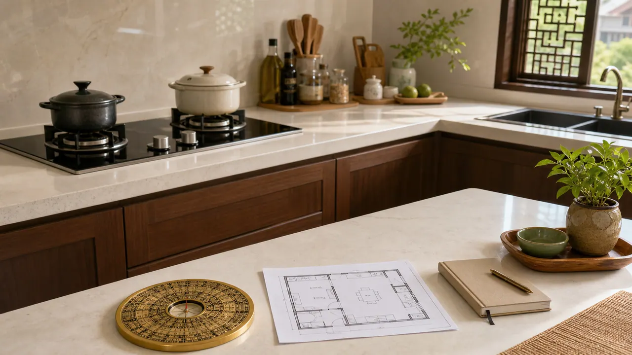 Gian bếp hiện đại với la bàn phong thủy và bản vẽ mặt bằng định vị hướng bếp theo tuổi