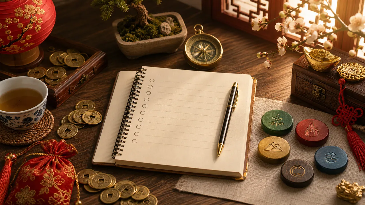 Sổ tay kế hoạch, đồng xu phong thủy ngũ hành và la bàn định hướng cho năm nhuận